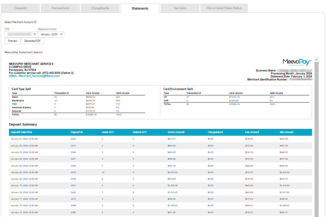 MeevoPay statements tab